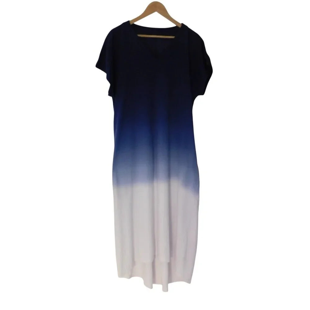 Lands' End Gauzy Cotton Ombre Maxi Dress Blue White Short Sleeves Pockets Large - Picture 6 of 6
